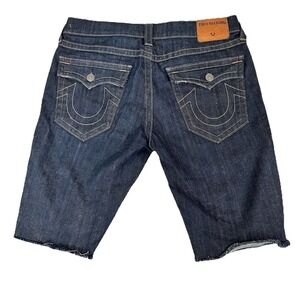 True Religion Men's Ricky Relaxed Straight Flap‎ Blue Denim Shorts Sz 34 Frayed